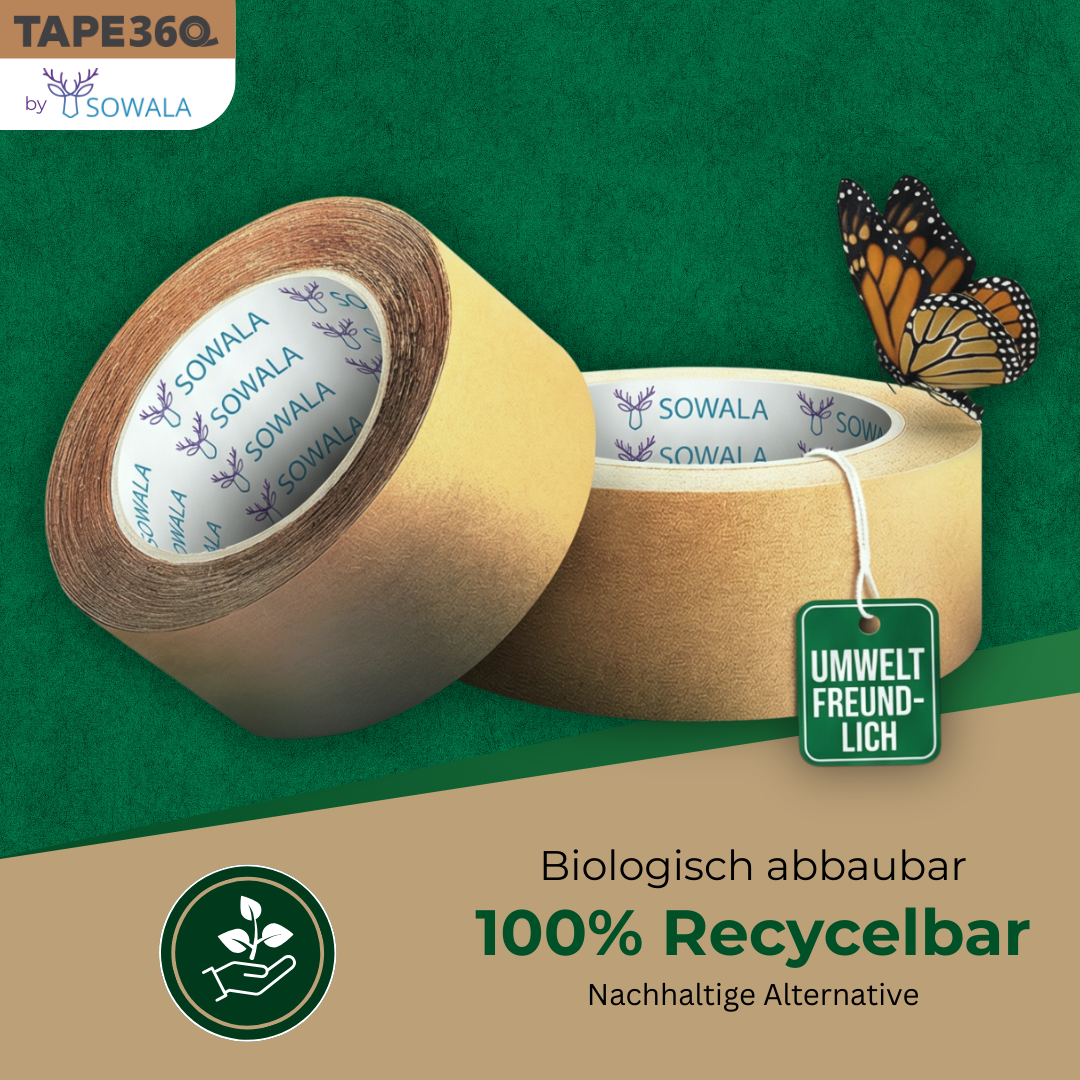 Papier Klebeband braun Anwendung auf Karton – nachhaltig – Tape360 by Sowala™