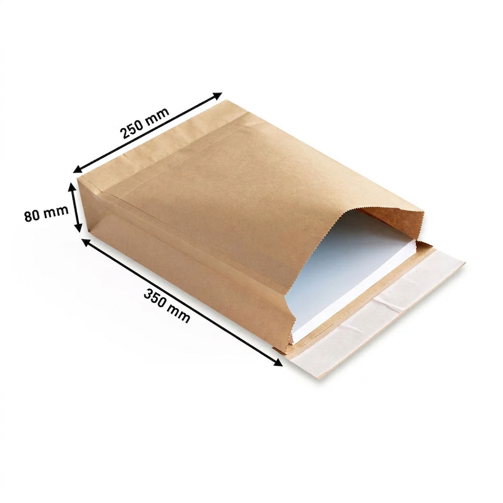Sowala Papierversandtaschen mit Blockboden 350x250x80 mm, Maße und Peel and Seal Verschluss, von Tape360, Tape360 by Sowala™