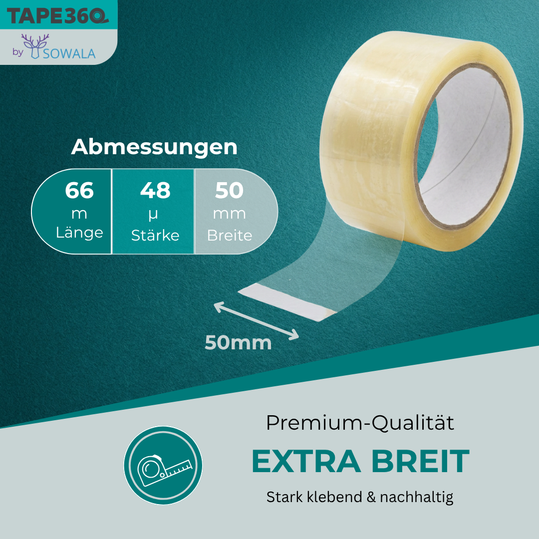 Sowala Low Noise Pro Paketklebeband – Abmessungen 66 m Länge, 48 µ Stärke, 50 mm Breite – Tape360 by Sowala
