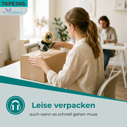 Low Noise Paketklebeband im Einsatz – leises Verpacken eines Kartons mit dem Handabroller – Tape360 by Sowala